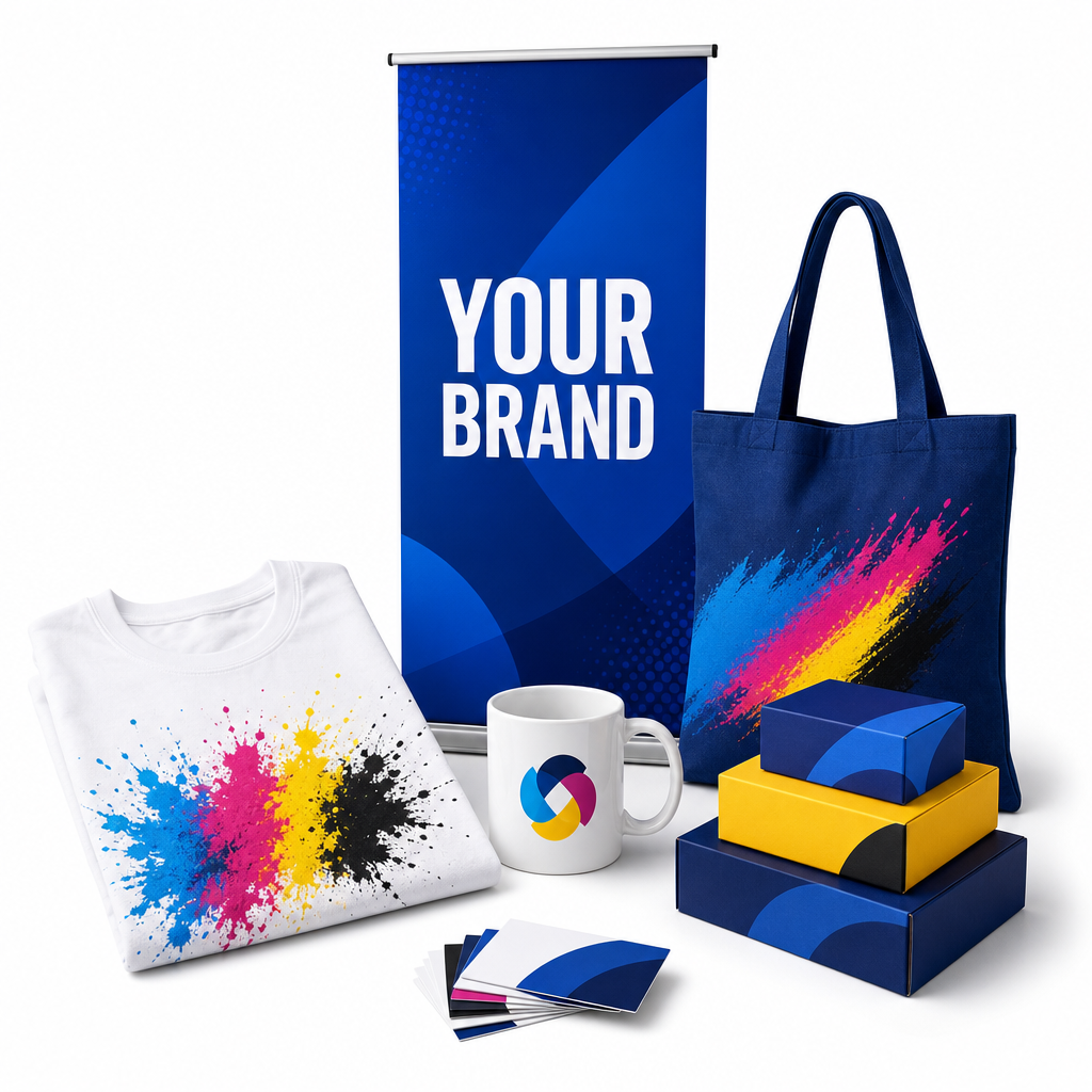 Custom printed t-shirt, banner, mug, tote bag, business cards and packaging by eprint2day
